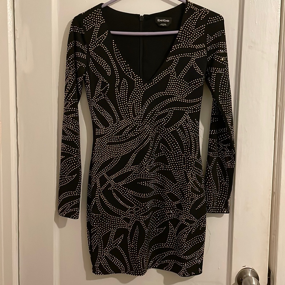 Bebe Studded Mini Dress Black Gold XS